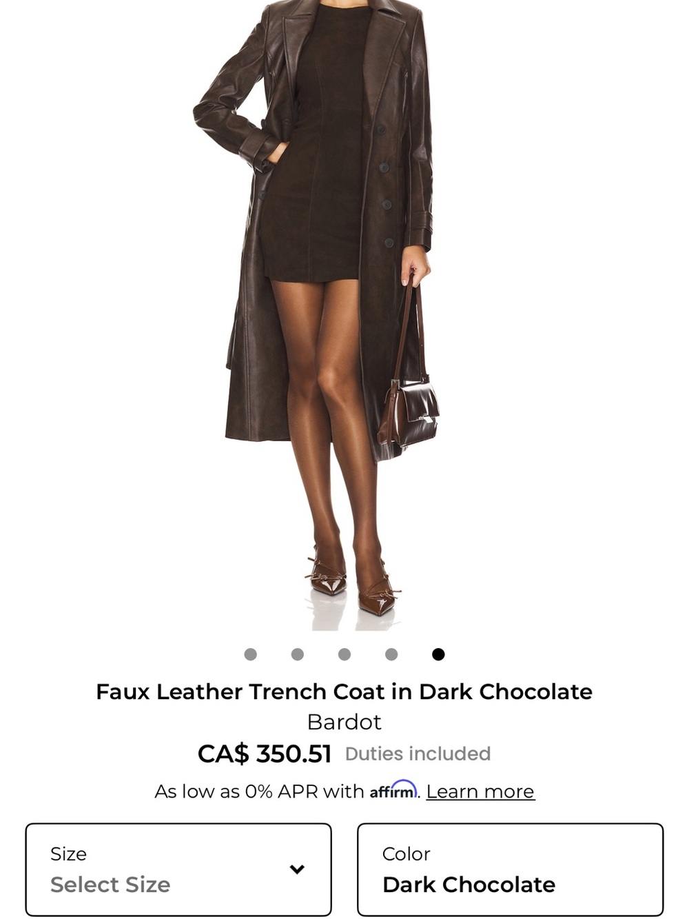 Bardot Dark Chocolate Faux Leather Longline Trench Coat